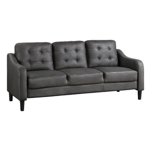 Orry 77 Inch Sofa- Button Tufted Back- Gray Microfiber- Black Solid Wood