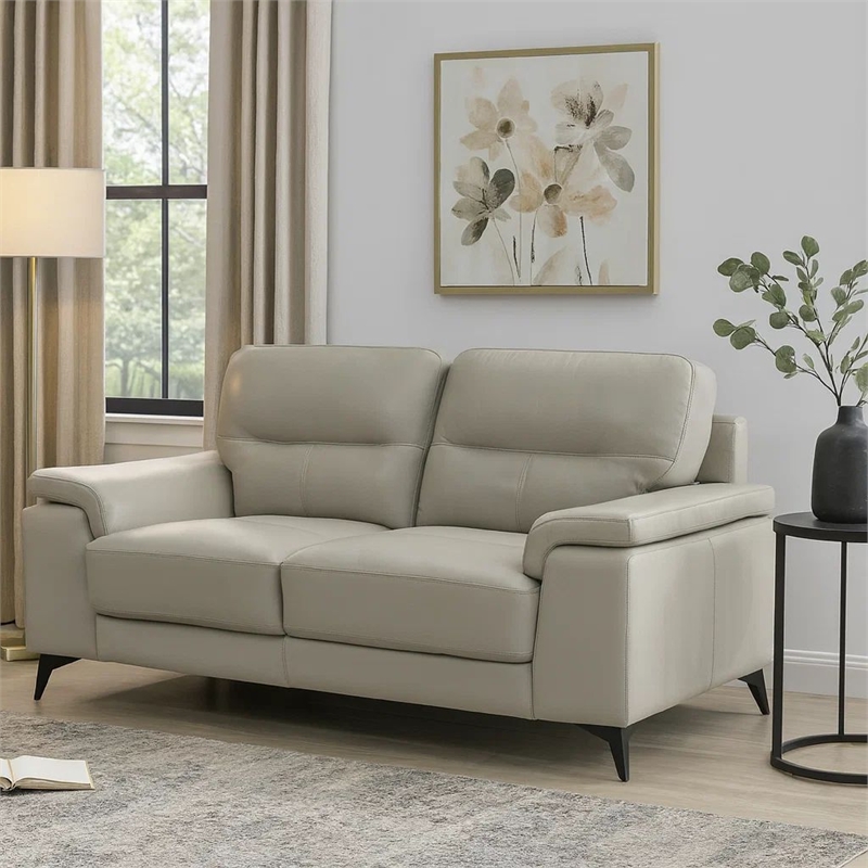 Mica 67 Inch Loveseat- Light Gray Top Grain and Faux Leather- Metal Legs