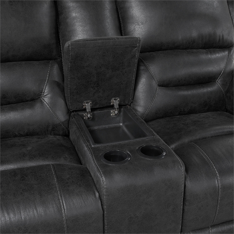 Henry Manual Double Reclining Loveseat w Console- Black Microfiber
