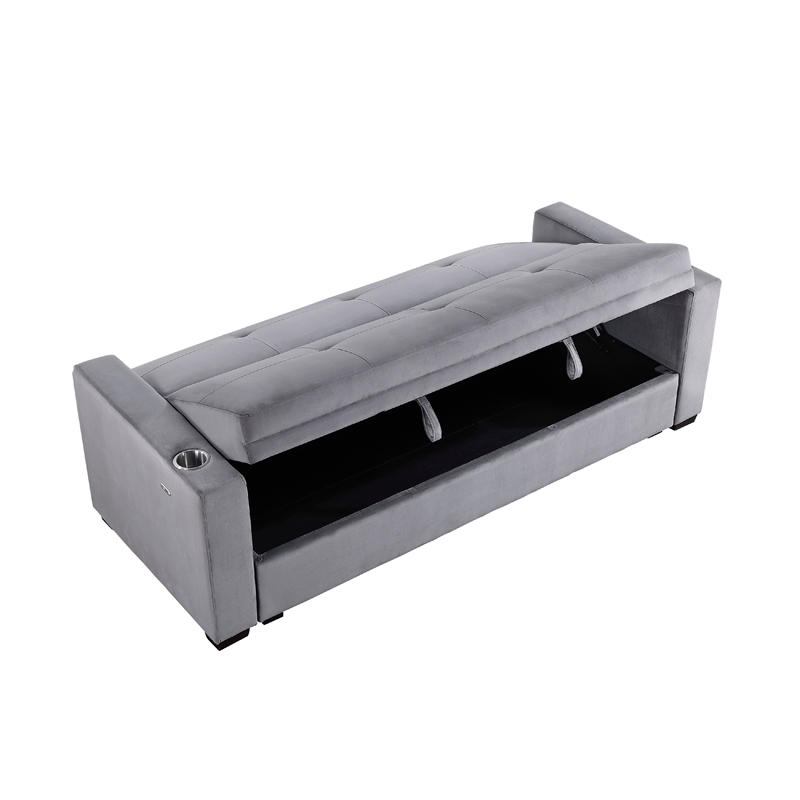 Convertible Sofa- Gray Tufted Velvet Back- USB Charging Ports- 84 Inch