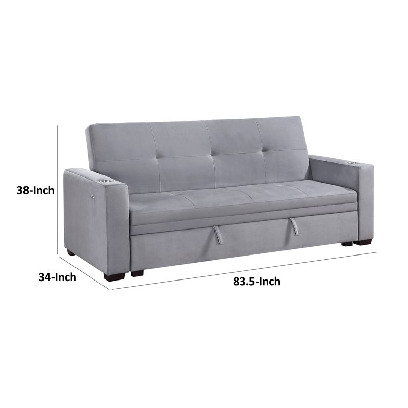 Convertible Sofa- Gray Tufted Velvet Back- USB Charging Ports- 84 Inch