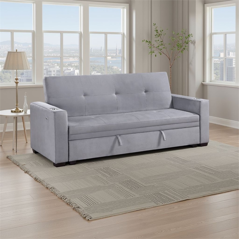 Convertible Sofa- Gray Tufted Velvet Back- USB Charging Ports- 84 Inch