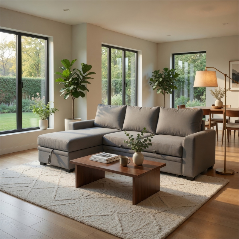 Nami Sleeper Sectional with Storage Chaise- Brown Flannel- 91 Inch