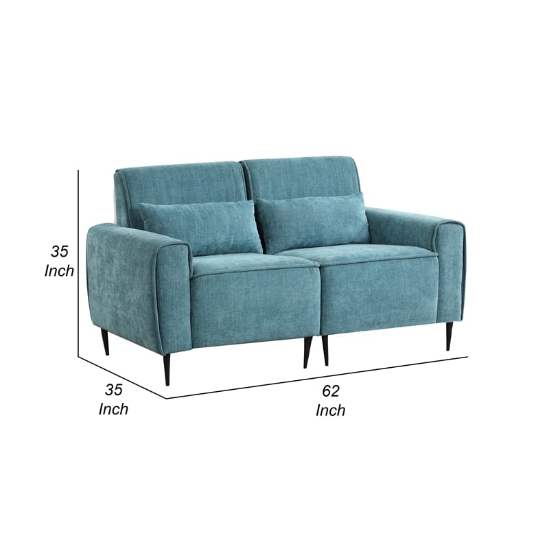 Tiu 62 Inch Loveseat with 2 Lumbar Pillows- Blue Chenille- Solid Wood