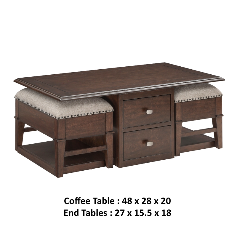 Merry Coffee Table with 2 Nesting Ottomans- Brown Wood- Beige