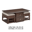 Merry Coffee Table with 2 Nesting Ottomans- Brown Wood- Beige