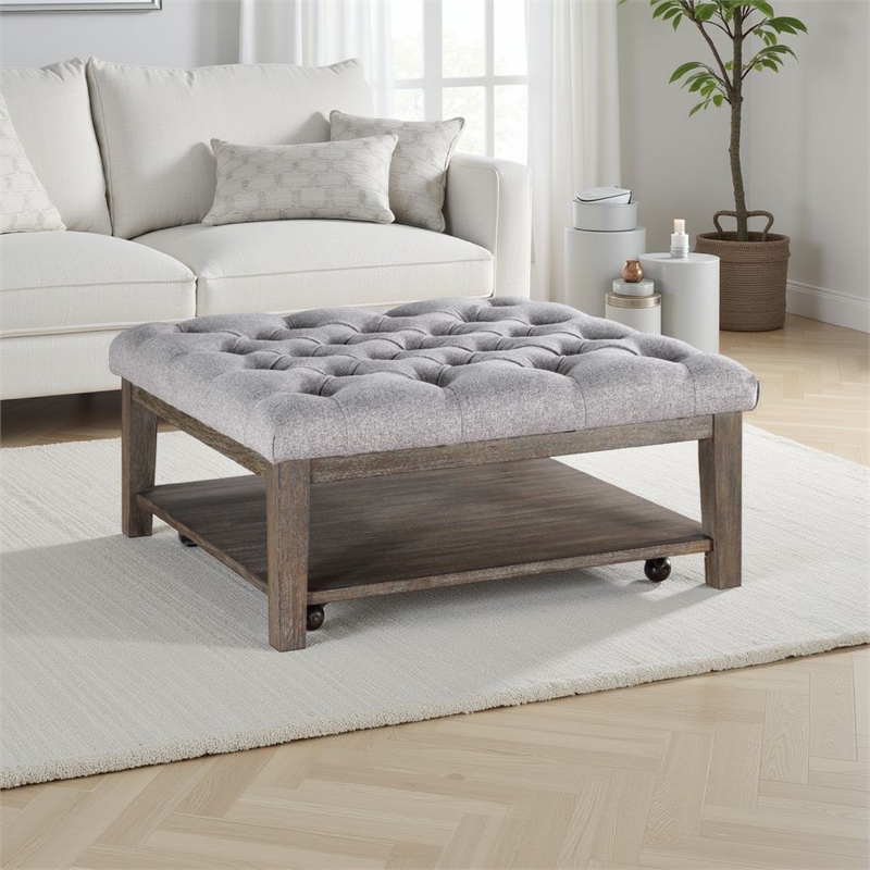 Bori Coffee Table Ottoman- 39 Inch Button Tufted Gray- Brown Wood