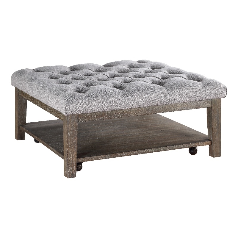 Bori Coffee Table Ottoman- 39 Inch Button Tufted Gray- Brown Wood