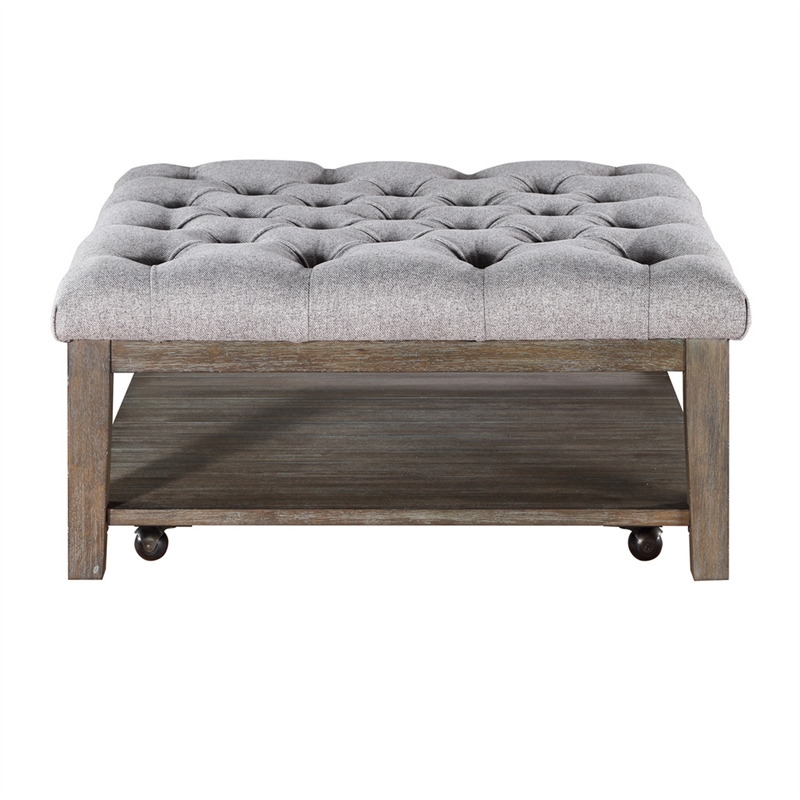 Bori Coffee Table Ottoman- 39 Inch Button Tufted Gray- Brown Wood