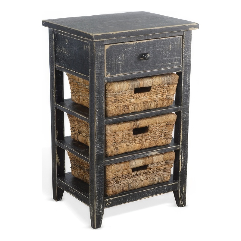 Rena End Table- 3 Natural Rattan Storage Baskets- 20 Inch Black Wood