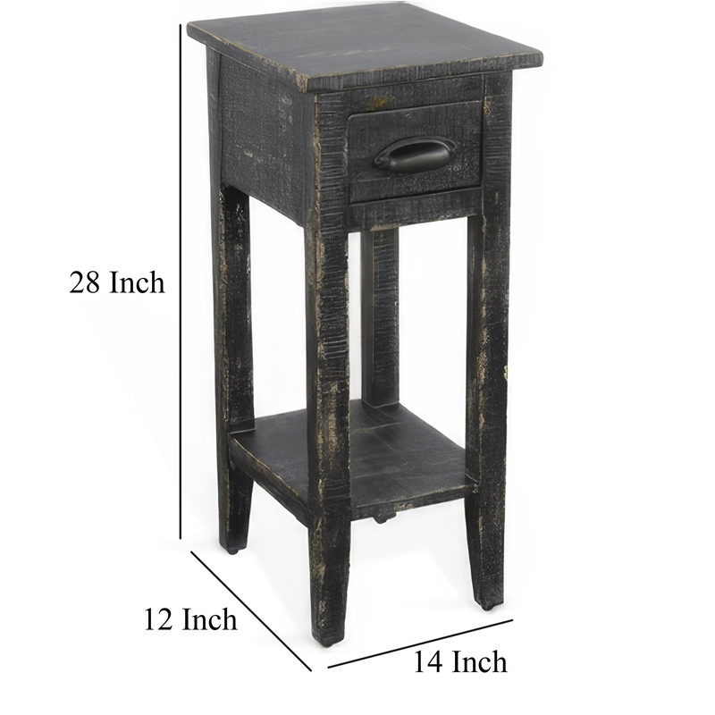 Rena Chairside Table w Drawer and Shelf- 14 Inch Black Mahogany Wood