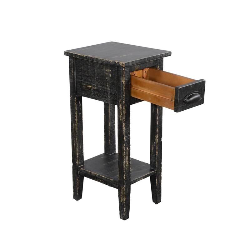 Rena Chairside Table w Drawer and Shelf- 14 Inch Black Mahogany Wood