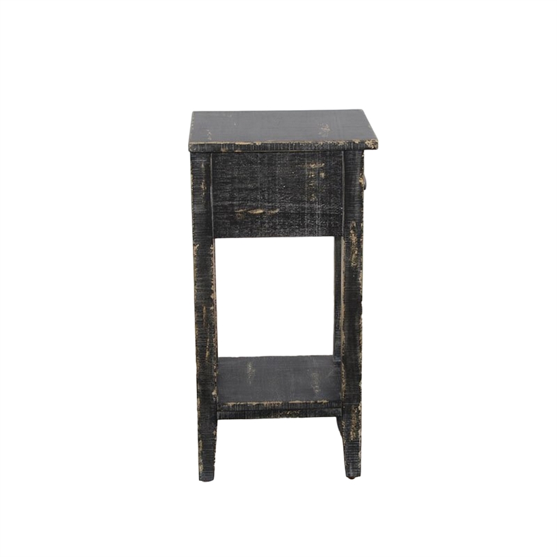 Rena Chairside Table w Drawer and Shelf- 14 Inch Black Mahogany Wood