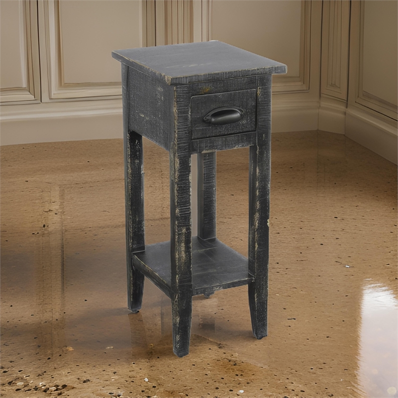 Rena Chairside Table w Drawer and Shelf- 14 Inch Black Mahogany Wood