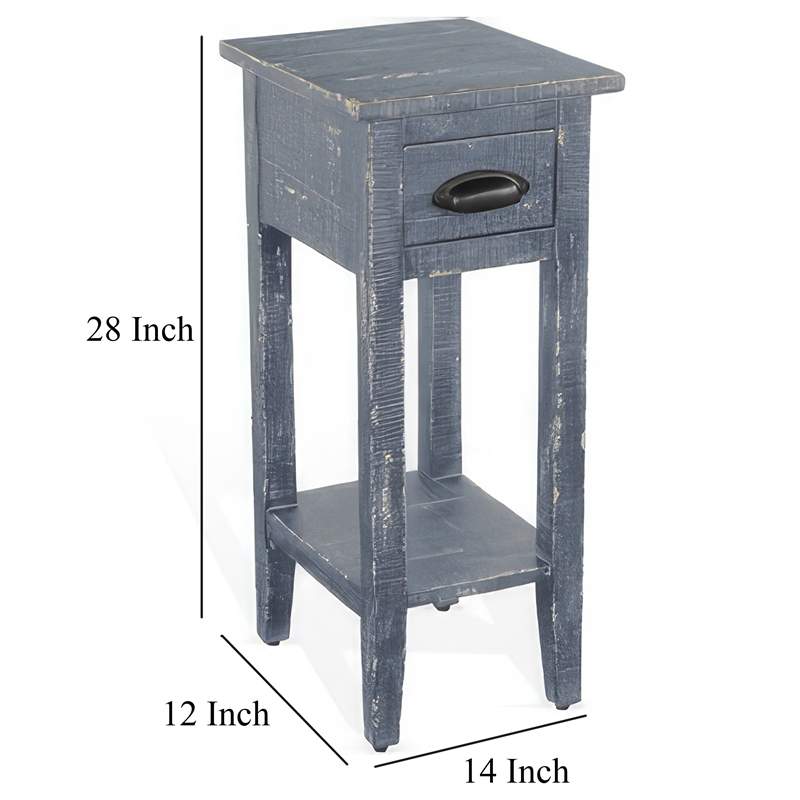 Rena Chairside Table with Drawer and Shelf- 14 Inch Blue Mahogany Wood