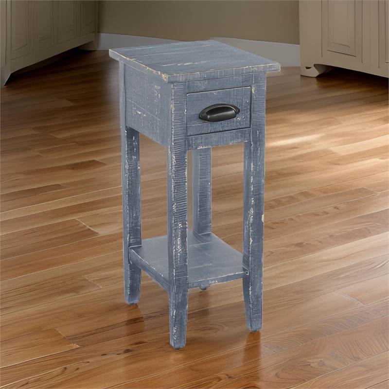 Rena Chairside Table with Drawer and Shelf- 14 Inch Blue Mahogany Wood