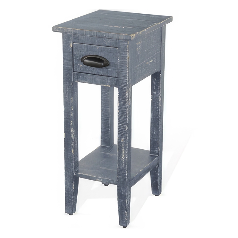 Rena Chairside Table with Drawer and Shelf- 14 Inch Blue Mahogany Wood