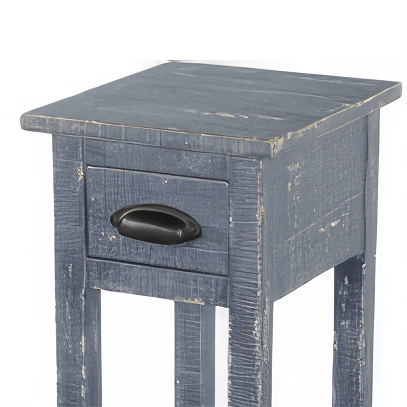 Rena Chairside Table with Drawer and Shelf- 14 Inch Blue Mahogany Wood
