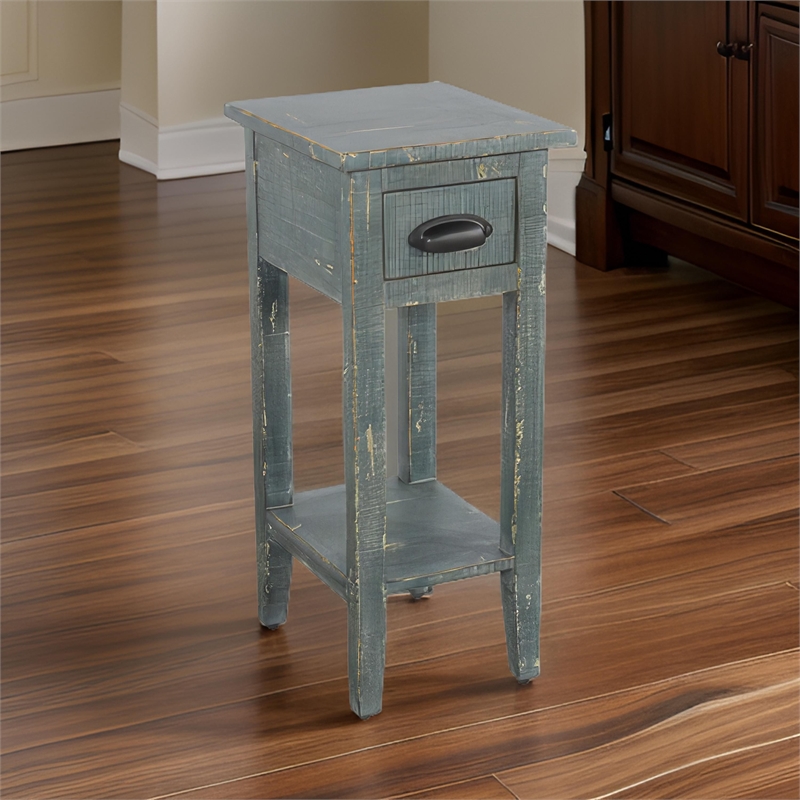 Rena Chairside Table- Drawer and Shelf- 14 Inch Green Mahogany Wood
