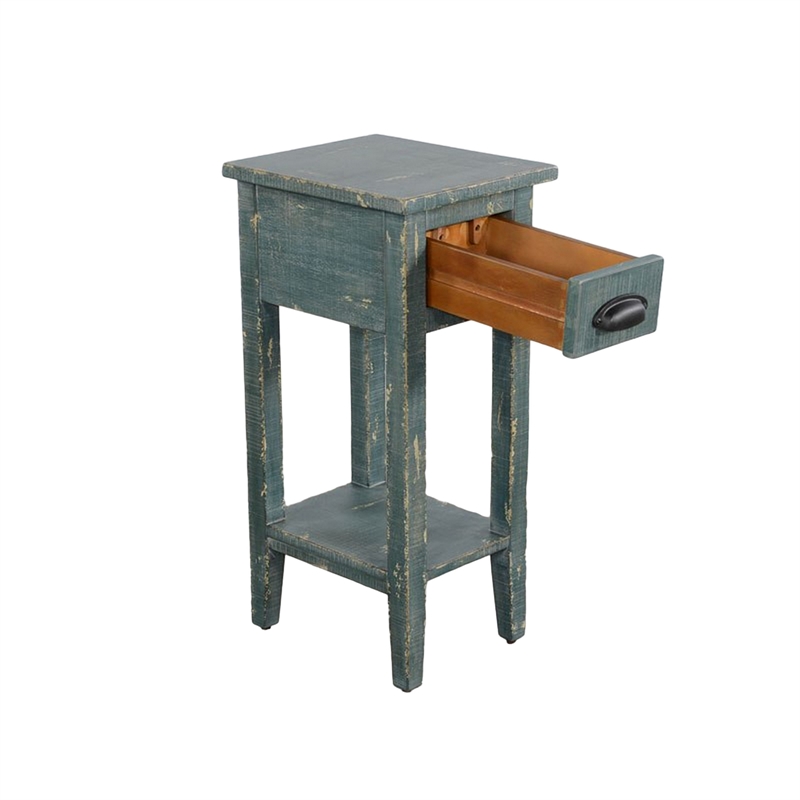 Rena Chairside Table- Drawer and Shelf- 14 Inch Green Mahogany Wood