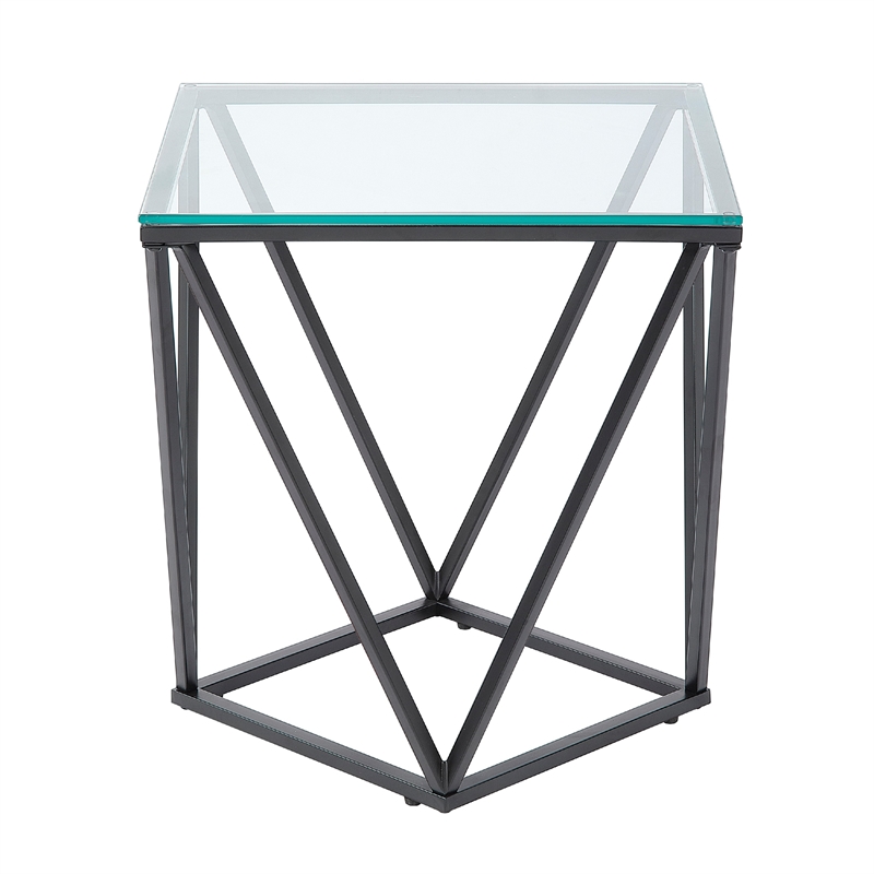 Lucas Side End Table- Clear Glass Top- Geometric Frame- Black Metal