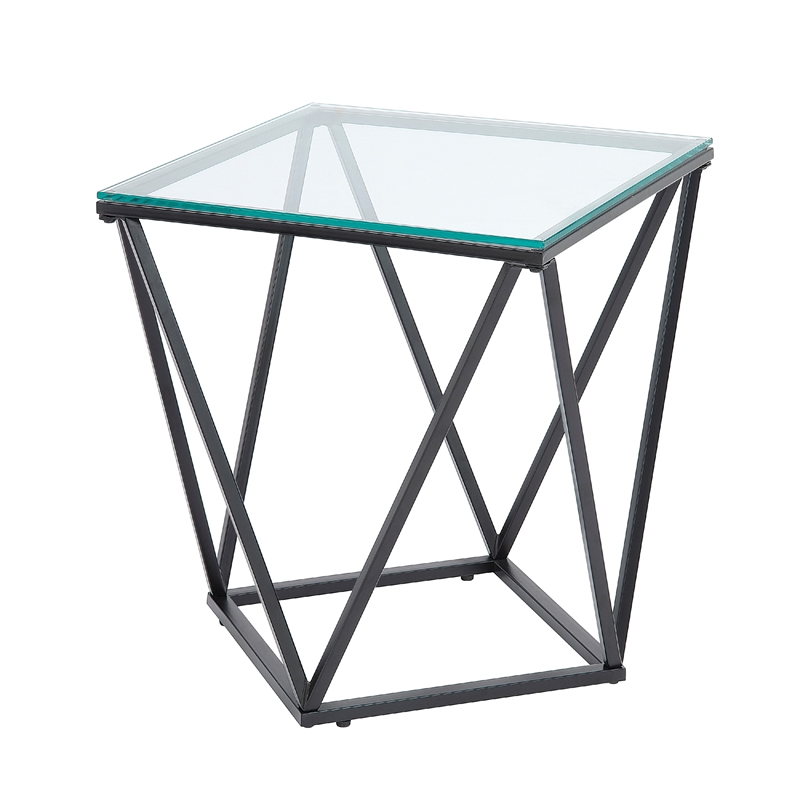 Lucas Side End Table- Clear Glass Top- Geometric Frame- Black Metal