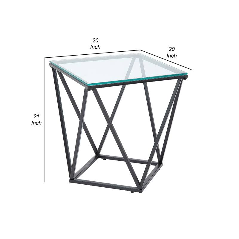Lucas Side End Table- Clear Glass Top- Geometric Frame- Black Metal