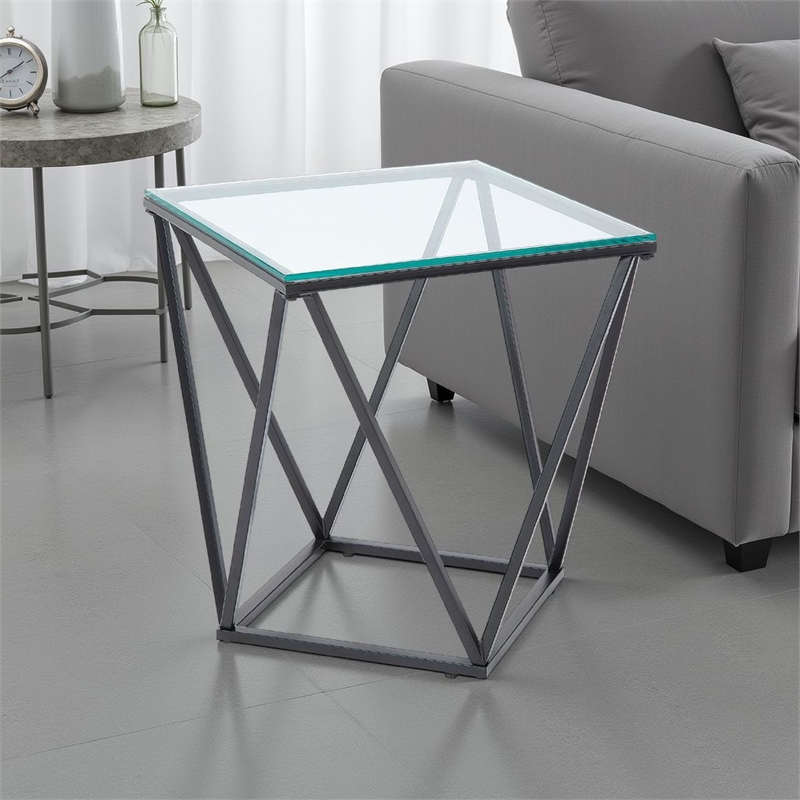 Lucas Side End Table- Clear Glass Top- Geometric Frame- Black Metal