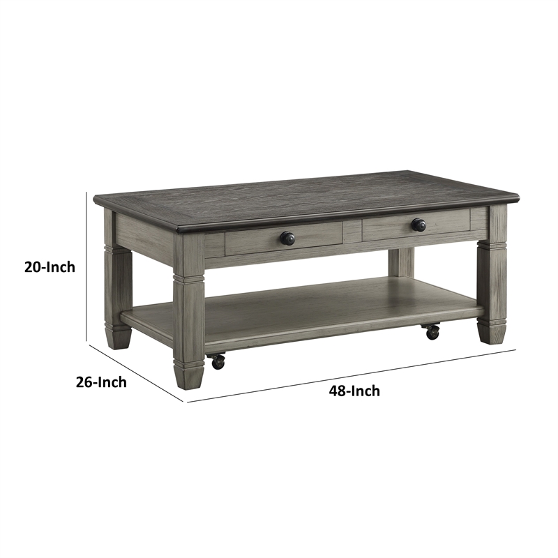 Rome 48 Inch Cocktail Table- 2 Drawers- Casters- Brown and Gray Solid Wood