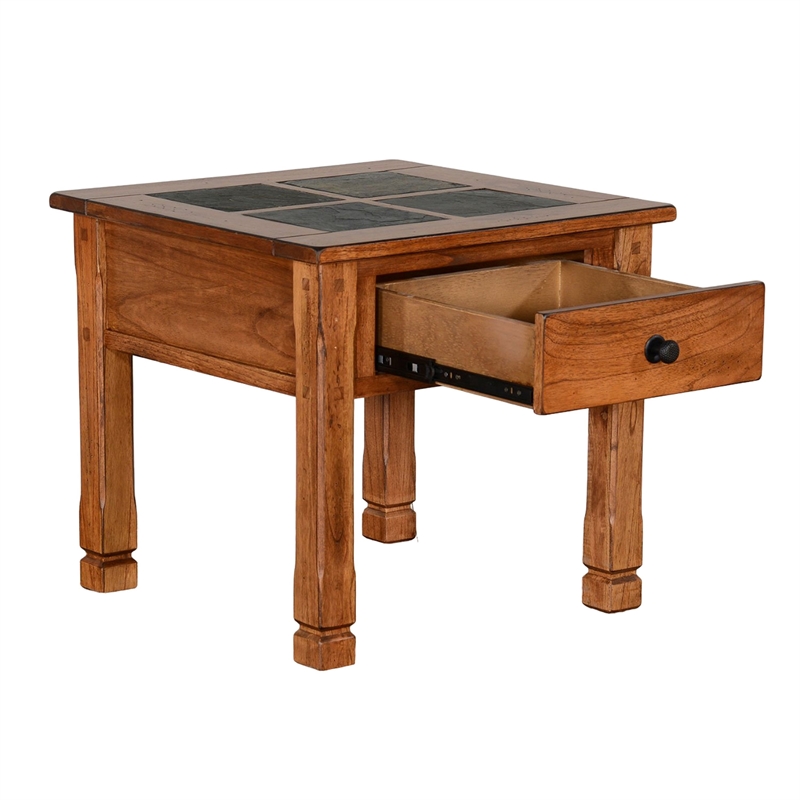 Marv Side End Table w Drawer- 26 Inch Square Slate Inlay Top- Brown