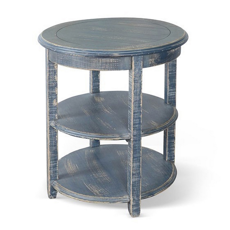 Rena Side End Table with 2 Shelves- 24 Inch Ocean Blue Mahogany Wood