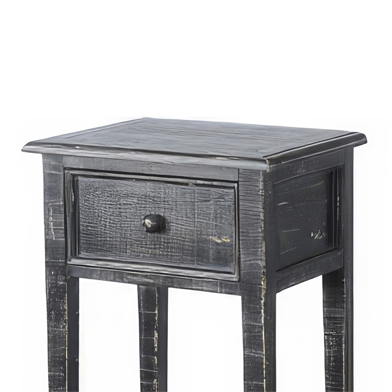 Rena Side End Table with 1 Drawer- 17 Inch Rustic Black Mahogany Wood