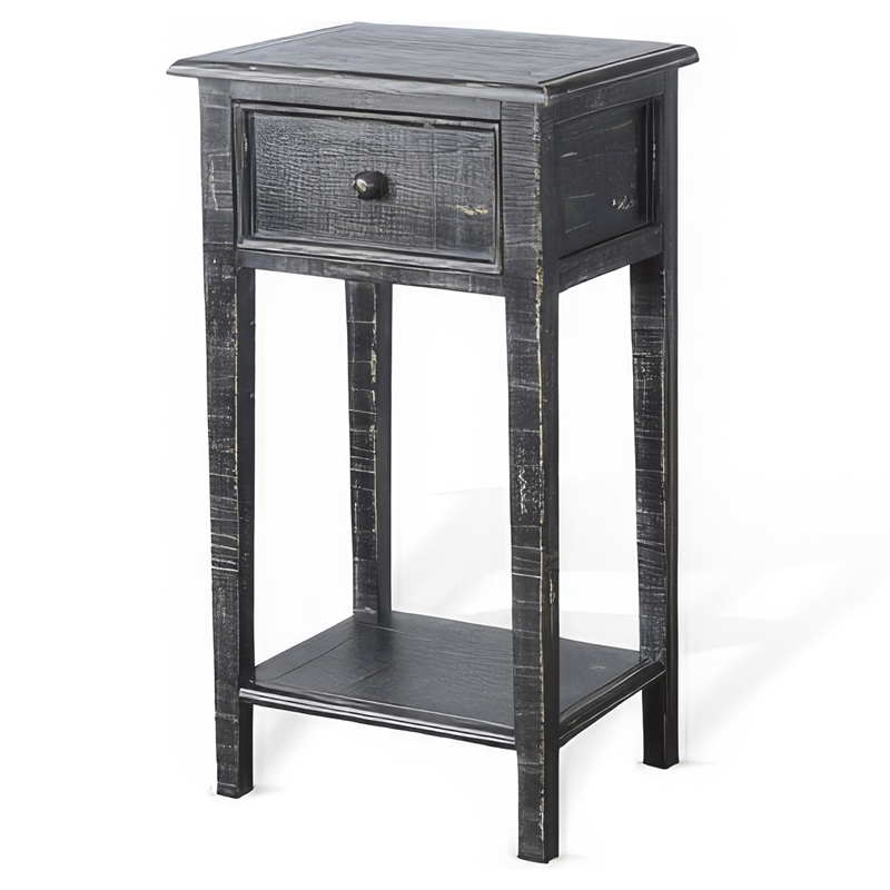 Rena Side End Table with 1 Drawer- 17 Inch Rustic Black Mahogany Wood