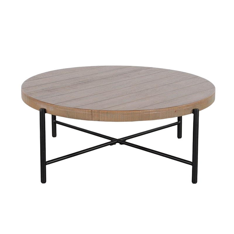 Reena Coffee Table- Light Brown Mahogany- Black Metal- Round 39 Inch