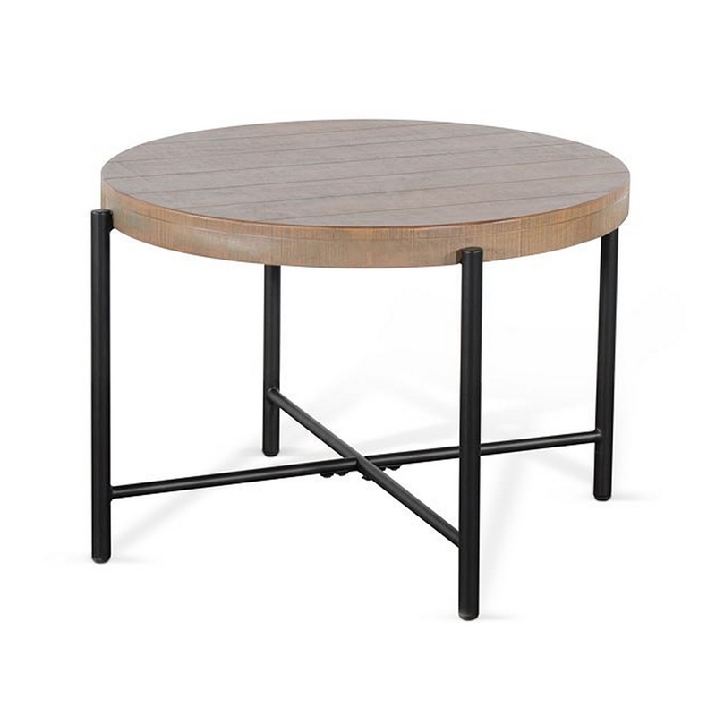 Reena End Table- Light Brown Mahogany- Black Metal- Round 28 Inch