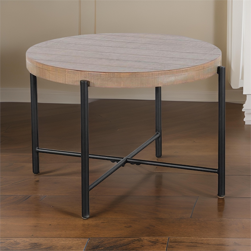 Reena End Table- Light Brown Mahogany- Black Metal- Round 28 Inch