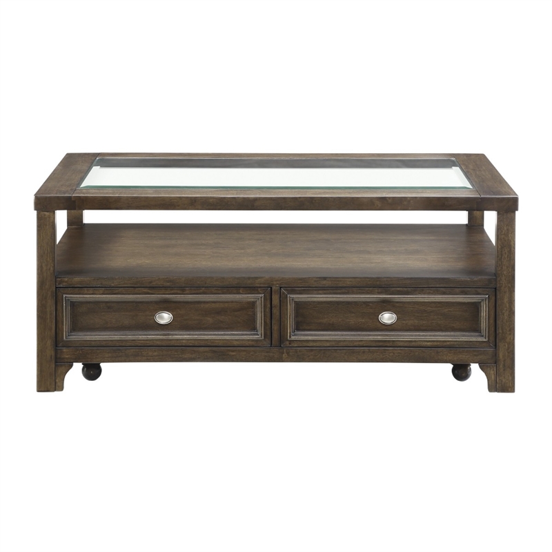 Berny Coffee Table- 2 Drawer and Glass Top- Charcoal Brown 46 Inch