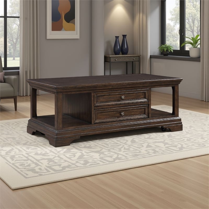 Tabby Lift-Top Coffee Table- Side Shelves and Caster Wheels- Brown