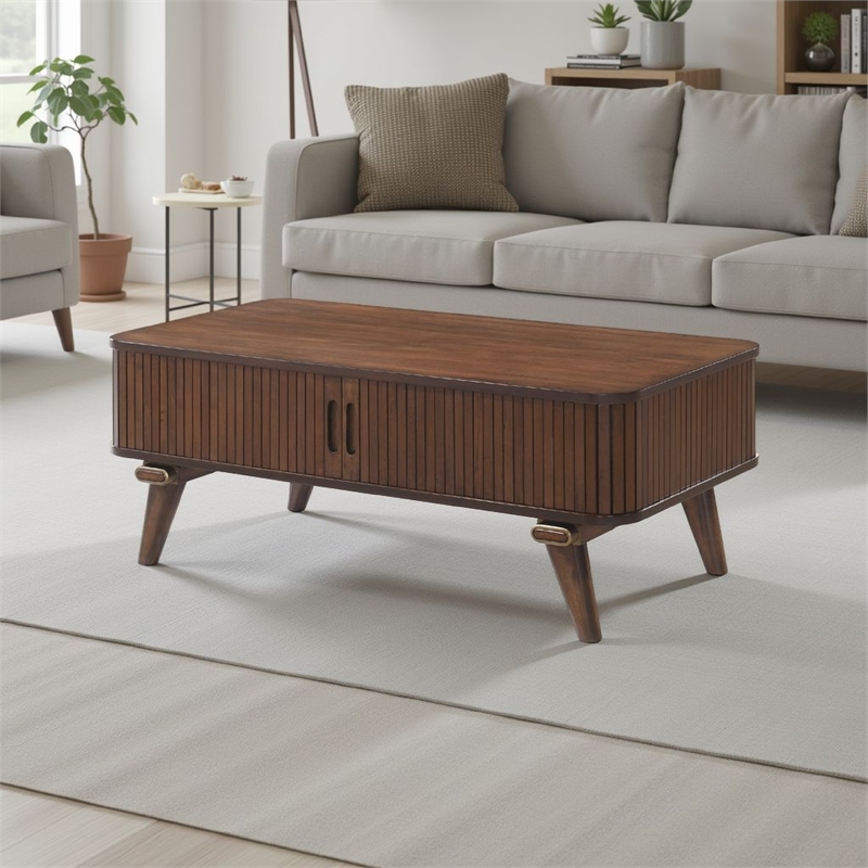 Manny Coffee Table- 2 Tambour Doors- A-Frame Walnut Brown 48 Inch