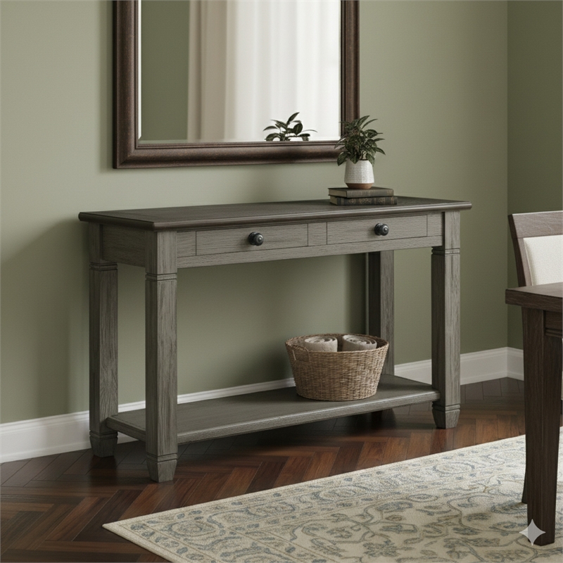 Rome 48 Inch Sofa Table- Rectangular- 2 Drawers- Brown- Gray- Solid Wood