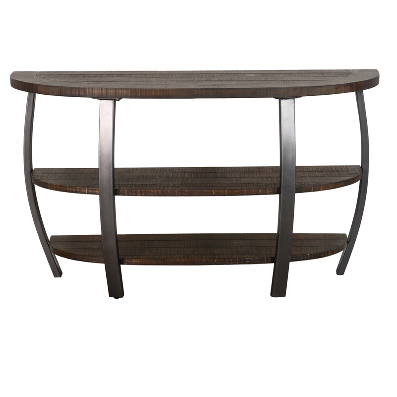 Flint Sofa Table w 2 Shelves- 52 Inch Semi Circle Top- Brown- Barrel