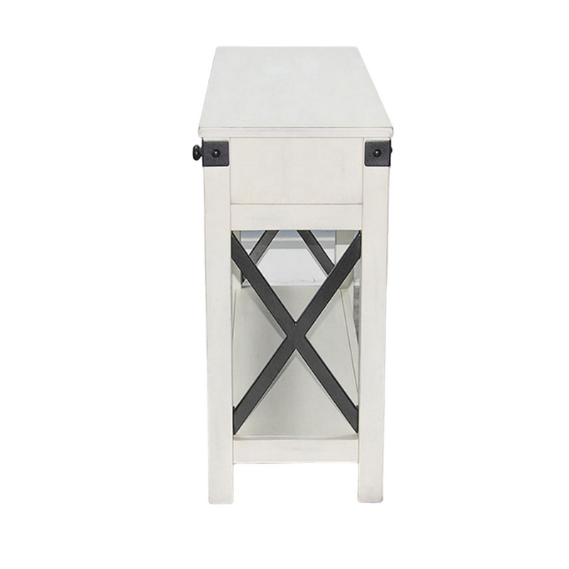Sime Sofa Table w Shelf- 2 Drawers- 44 Inch Rectangular Off White Wood