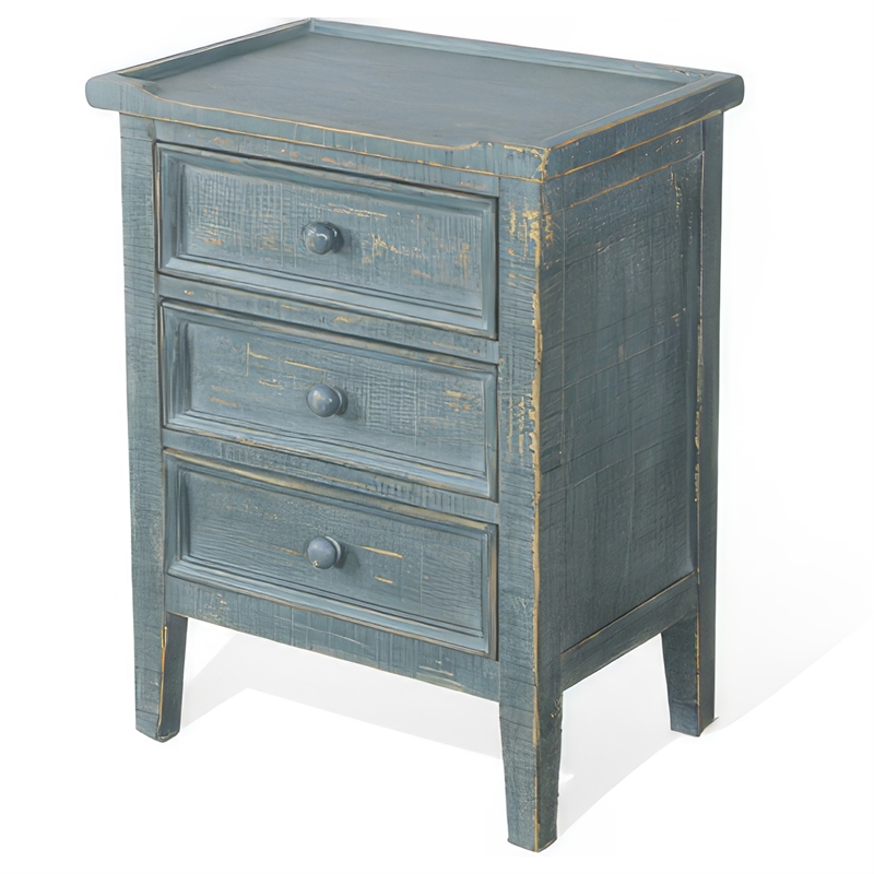 Rena Side End Table with 3 Drawers- 19 Inch Rustic Green Mahogany Wood