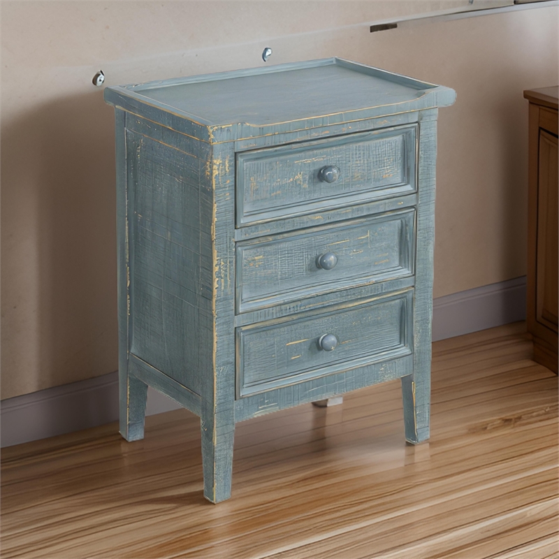 Rena Side End Table with 3 Drawers- 19 Inch Rustic Green Mahogany Wood