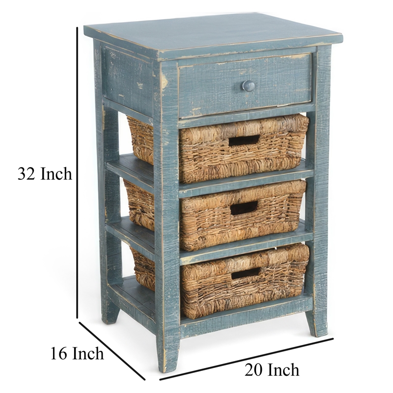 Rena End Table- 3 Natural Rattan Storage Baskets- 20 Inch Green Wood