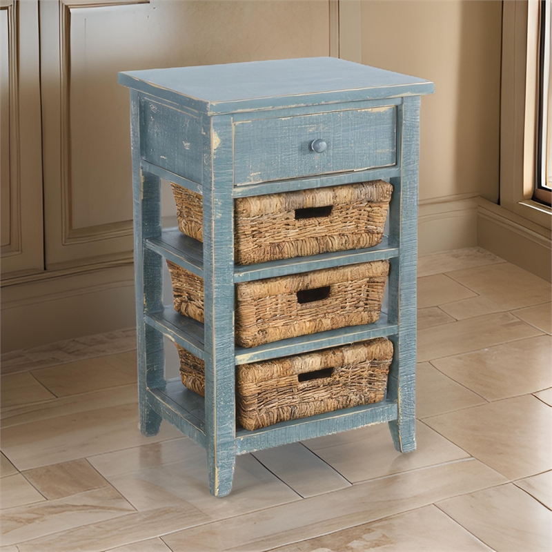 Rena End Table- 3 Natural Rattan Storage Baskets- 20 Inch Green Wood