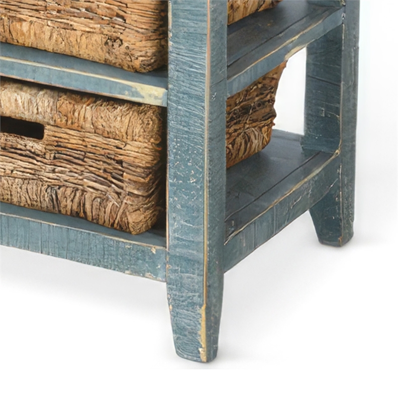 Rena End Table- 3 Natural Rattan Storage Baskets- 20 Inch Green Wood