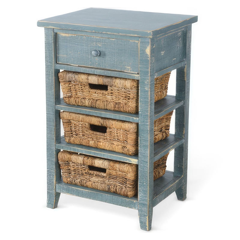 Rena End Table- 3 Natural Rattan Storage Baskets- 20 Inch Green Wood