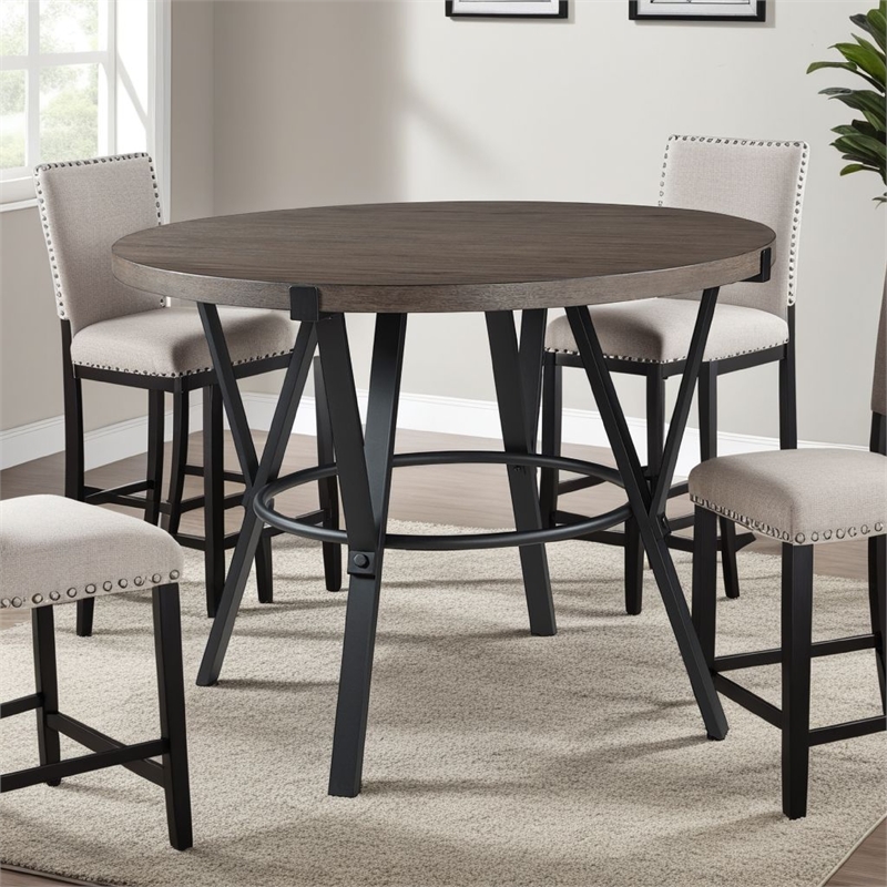 Rowl Counter Height Table- 48 Inch Brown Round Wood Top- Metal Legs
