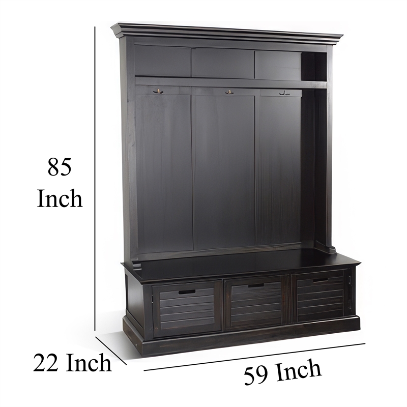 Kota Foyer Coat Rack Entry Hall Tree w Storage Bench- Black 85 Inch